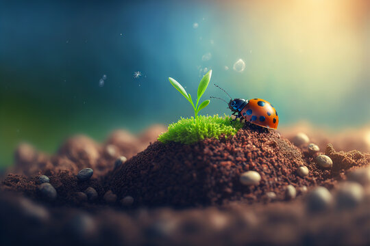 A ladybug walks on the wet ground and climbs a small leafy branch. A poetic and intimate scene that illustrates the life of insects, shot in close-up. Generative AI