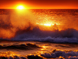 浜辺、波、夕焼け