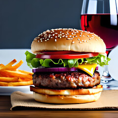 Hamburger and fries served with wine