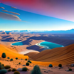 Desert Landscape with mountains, clouds, and a lake in the middle