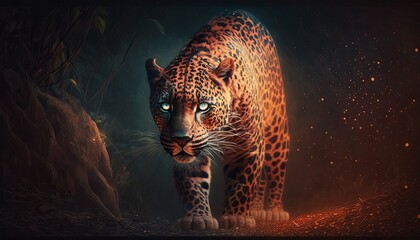 Leopard in a dark forest. Generative AI - obrazy, fototapety, plakaty