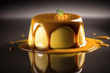 Illustration of a delicious classic creme caramel topped with chocolate syrup and mint leaves. Yummy mouth watering French silky custard dessert. - obrazy, fototapety, plakaty
