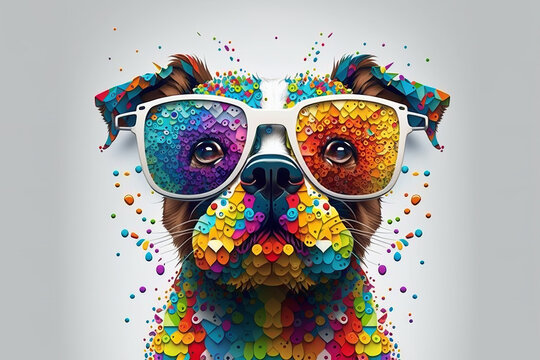 Cartoon colorful dog with sunglasses on white background. Bulldog. Created with generative A