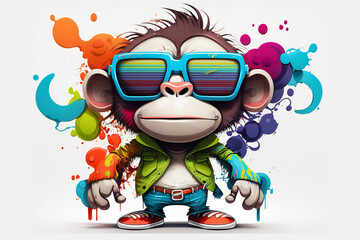 Cartoon colorful monkey with sunglasses on white background, Created with generative AI