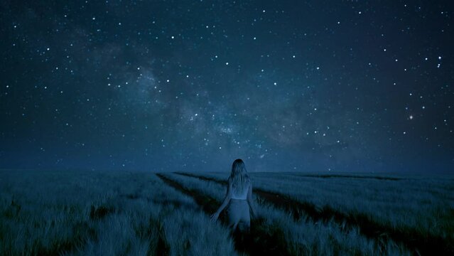 Young Beautiful Woman happily Walking in slow motion through a Field at Night. Woman looking at beautiful Milky Way Galaxy. Night colorful landscape. Starry Sky at summer