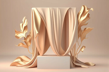 beautiful natural platform podium for product diplay with silk cloth on solid background new quality creative advertisement stock image illustration design, Generative AI