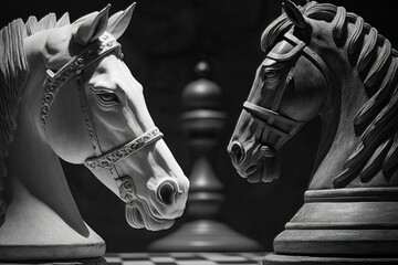 black and white photo of a chess piece with a horse (Generative AI)