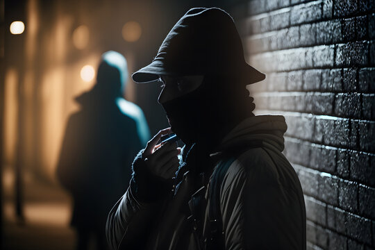 Criminal bandit watches victim in dark alley. Man is preparing to commit an attack to people. Generation AI