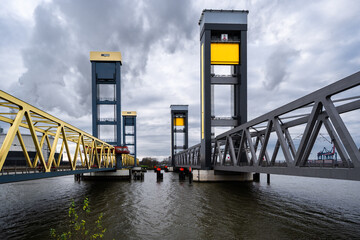 Hamburg, Germany - 11-30-2020: Kattwyk Bridge over the Elbe river in the industrial area