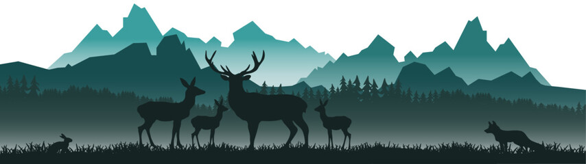 Silhouette of wild forest woods animals deer and misty fog forest fir trees camping adventure wildlife landscape panorama illustration icon vector for logo, isolated on white background