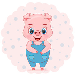 cute pig in blue clothes on a pink background