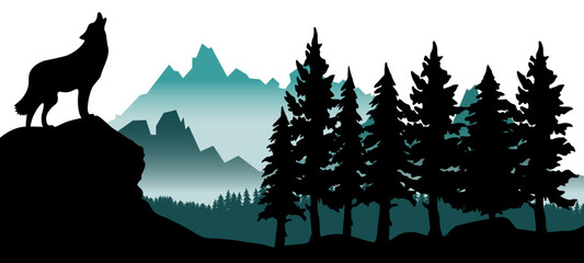 Black silhouette of wild howling wolf on rock and forest fir trees mountains camping wildlife adventure landscape panorama illustration icon vector for logo, isolated on white background © Corri Seizinger