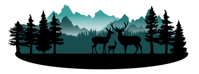 Black silhouette of fir trees and wild deer, landscape panorama illustration icon vector for forest wildlife adventure camping logo, isolated on white background