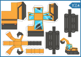 Kids craft game. Activity page cut and glue paper 3d excavate. Papercraft education printable template. DIY birthday construction cars décor.