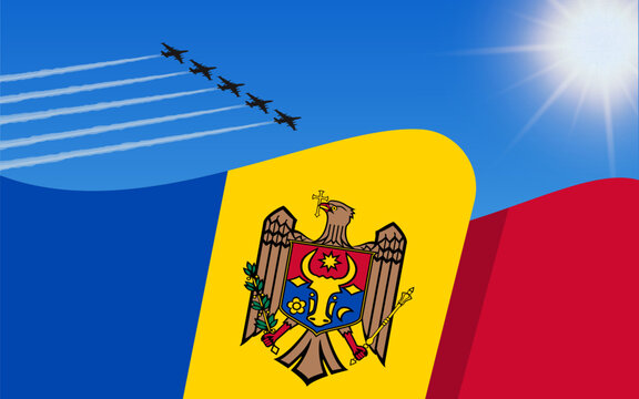 Flag of Moldova and a fighter plane formation flying in the sky. 27th August Independence day Moldova. Military aviation in the blue sky. Vector illustration