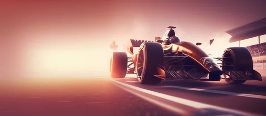 Photo sur Plexiglas F1 Fast Race car formula for competitions, banner motorsport on background of stadium sunset. Generation AI