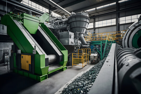 Industry Plant for sorting and processing plastic and paper waste. Conveyor assembly line with garbage bottles and packaging. Generation AI