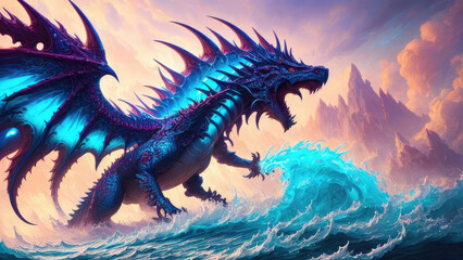 Art with dragons in the sea with waves