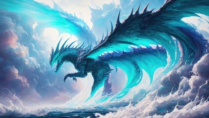 Art with dragons in the sea with waves