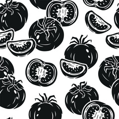 Tomato Seamless pattern. Slice of tomato. Tomatoes Black Silhouettes. Fresh Vegetables Vector Background. Great for Food Wrapping Paper or Packaging.