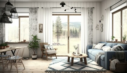 Bohemian and Scandinavian living room interior with pastel colors and armchair, AI generated