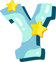 Candy glossy font design. Pastel blue and paper yelow star decor letters ABC. Sweets for girls. Letter Y