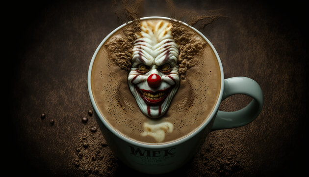 Creepy Clown Face in Coffee Generative AI