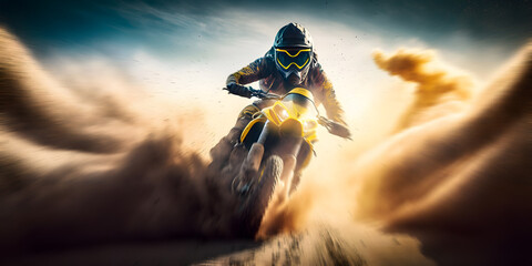 Naklejka na ściany i meble Action motocross sport extreme banner. Motocross rider riding sand with dust. Generation AI