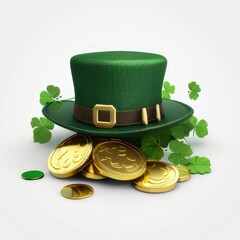 St Patrick's Day hat with gold coins and shamrocks. Generative AI