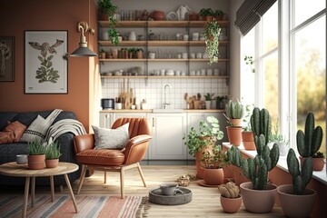 Cozy japandi and Scandinavian living room interior with kitchen, plants, and white tile on the wall, AI generated