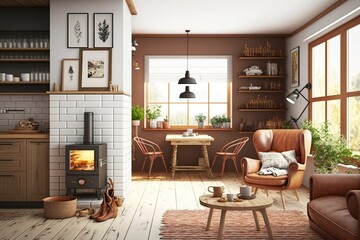 Scandinavian and bohemian interior with white brick wall and armchair, AI generated