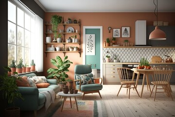Obraz premium Cozy bohemian living room with kitchen interior with terracotta colors , AI generated