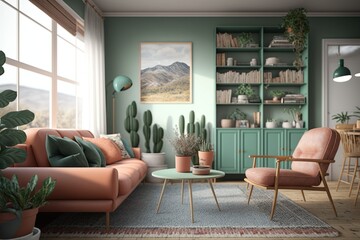 Scandinavian cozy living room interior with pastel menta and terracotta colors 
