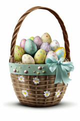 Easter Basket with Eggs Isolated Against a White Background Generative AI