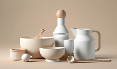  a collection of white dishes and utensils on a beige background.  generative ai
