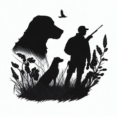 Silhouette of hunter with hunting rifle and hunting dog..