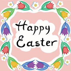Obraz premium frame of spring flowers of tulips,greeting card with spring flowers of tulips,yellow,pink,purple,happy spring,hello spring,spring flowers,daisies