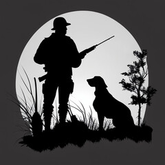 Silhouette of hunter with hunting rifle and hunting dog..