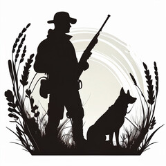 Silhouette of hunter with hunting rifle and hunting dog.. - obrazy, fototapety, plakaty