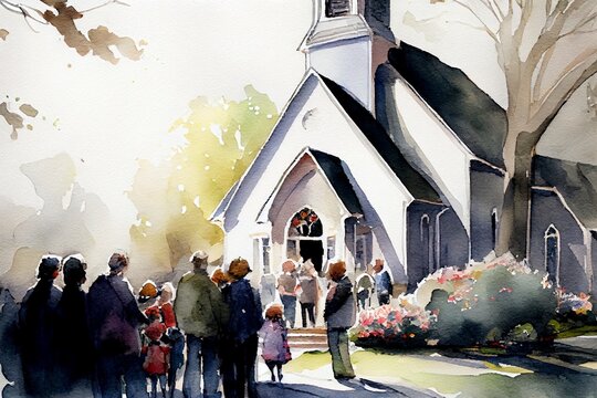 Wholesome Easter Holiday family scene watercolor illustration. People visiting Church during the spring season. AI Generative Art.