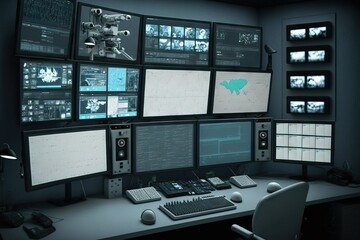 Naklejka premium Surveilence monitoring workplace with many screens. Control room.