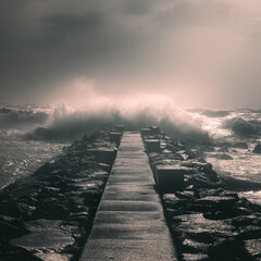 monochrome angry sea bridge with waves
