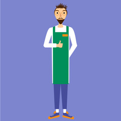 Fototapeta premium Seller, man, light skin color, good mood, shows approval, dressed in apron, pants and sneakers 
