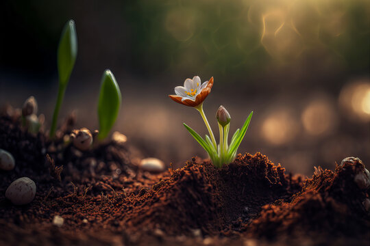 A beautiful macro shot of a small plant growing and flourishing from its seed in the spring soil. A perfect image to illustrate life and renewal. Generative AI