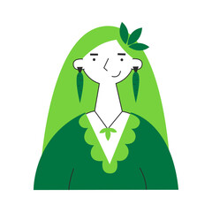 Woman with green leaves and carrot earrings. Vegan and plant-based healthy diet concept. Sustainable, cruelty-free, climate-friendly, meatless and dairy-free food. Meat and animal protein replacement.