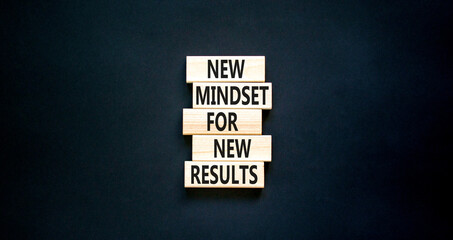 New mindset and results symbol. Concept words New mindset for new results on wooden blocks. Beautiful black background. Businessman icon. Business new mindset for results concept. Copy space