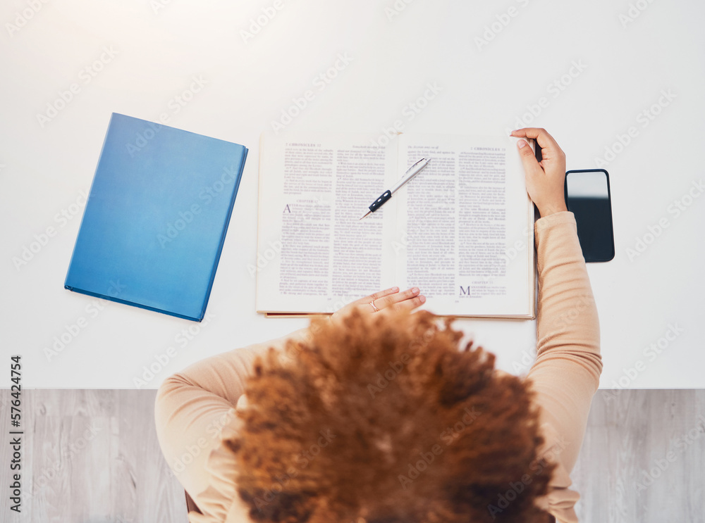 Poster Student, notebook and studying in a library for university exam, test and book report. From above, college female and reading notes of a learning young person with education books for knowledge