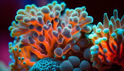 Sea anemone on a coral reef in vivid neon colors. Zoom image - Generative AI