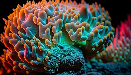 Sea anemone on a coral reef in vivid neon colors. Zoom image - Generative AI