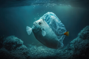 Fototapeta premium Fish with a plastic bag in the sea, Generative AI